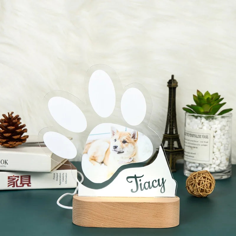 Personalised Night Light - Paw Photo Night Light - Acrylic LED Night Lamp with Name