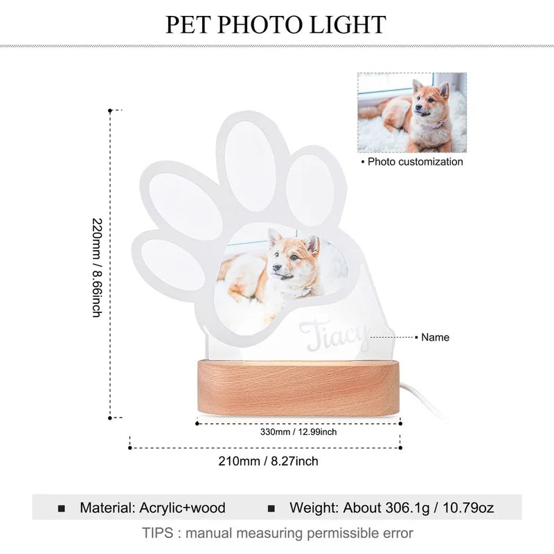 Personalised Night Light - Paw Photo Night Light - Acrylic LED Night Lamp with Name