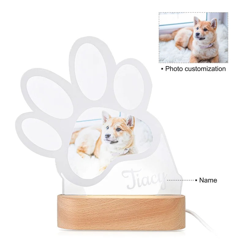 Personalised Night Light - Paw Photo Night Light - Acrylic LED Night Lamp with Name