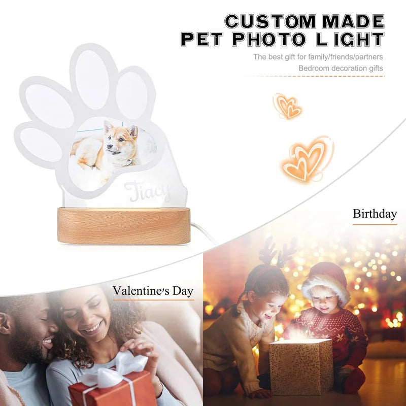 Personalised Night Light - Paw Photo Night Light - Acrylic LED Night Lamp with Name