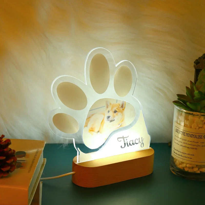 Personalised Night Light - Paw Photo Night Light - Acrylic LED Night Lamp with Name