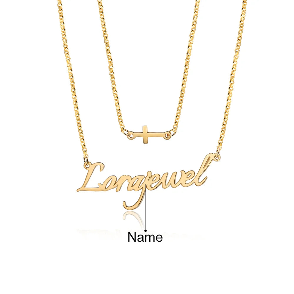 Personalised Two Layer Cross Charm Name Necklace, Personalised Name Jewellery for Women, Custom Name Necklace