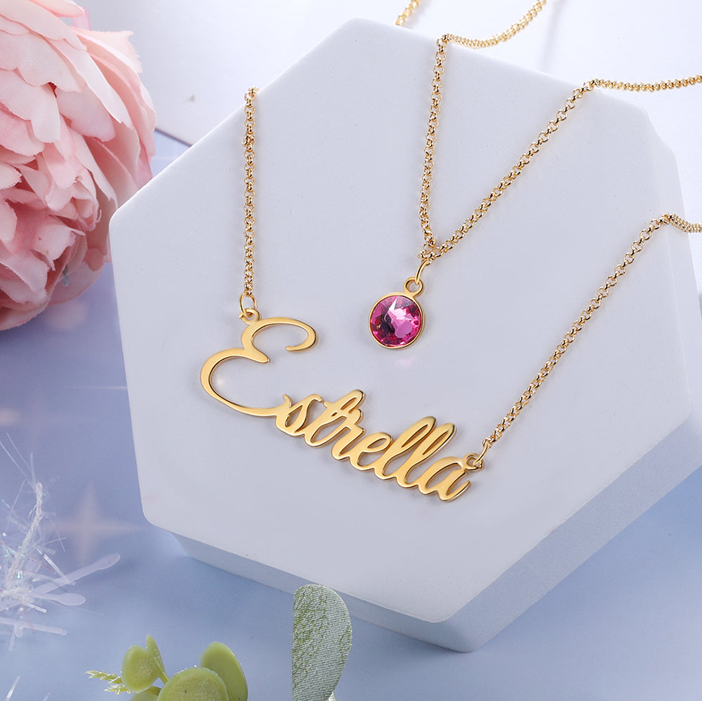 Personalised Two Layer Birthstone Name Necklace, Personalised Name Jewellery for Women, Sterling Silver Name Necklace