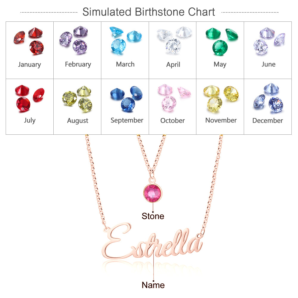 Personalised Two Layer Birthstone Name Necklace, Personalised Name Jewellery for Women, Sterling Silver Name Necklace