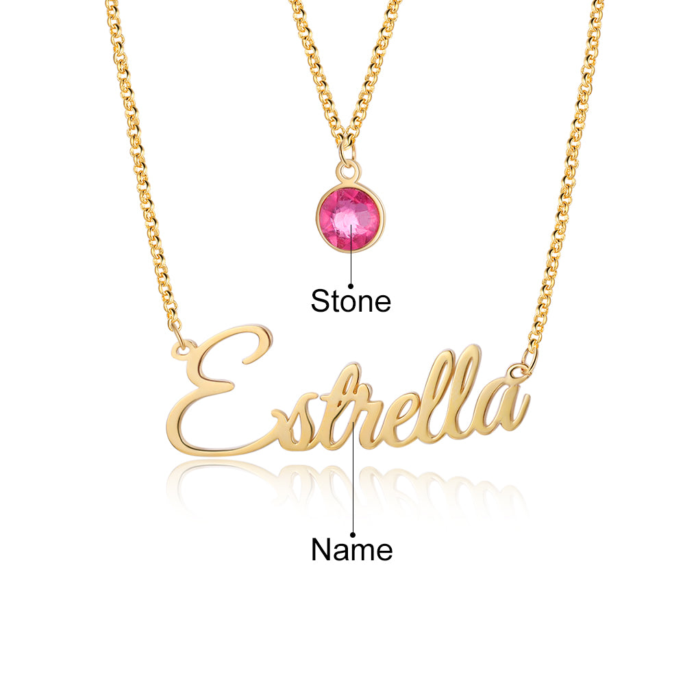 Personalised Two Layer Birthstone Name Necklace, Personalised Name Jewellery for Women, Sterling Silver Name Necklace