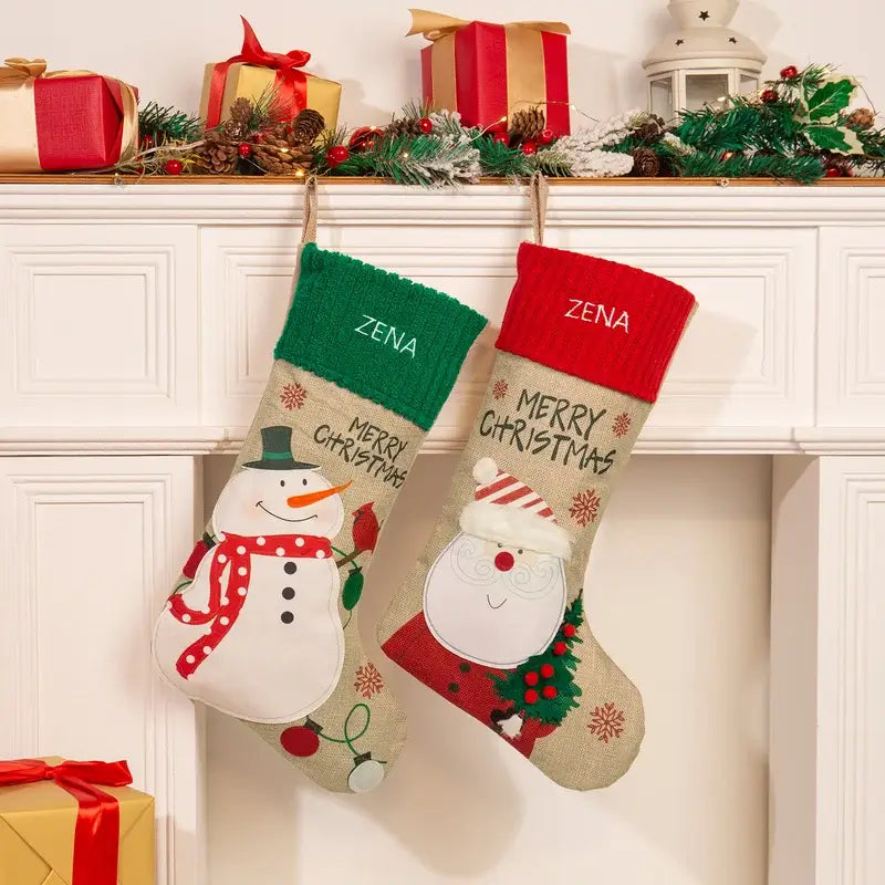 Personalised Christmas Red and Green Linen Stockings/Xmas Candy Bag