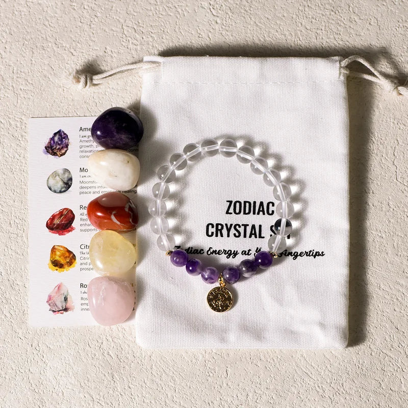 Zodiac Bracelet and Zodiac Birthstones Healing Crystals Set