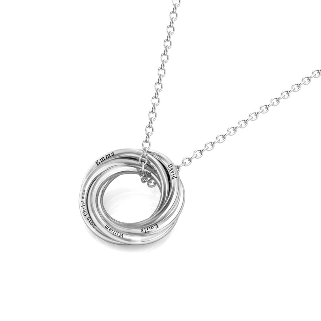 Personalised Russian 5 Ring Necklace with Engraved Children's Names Sterling Silver